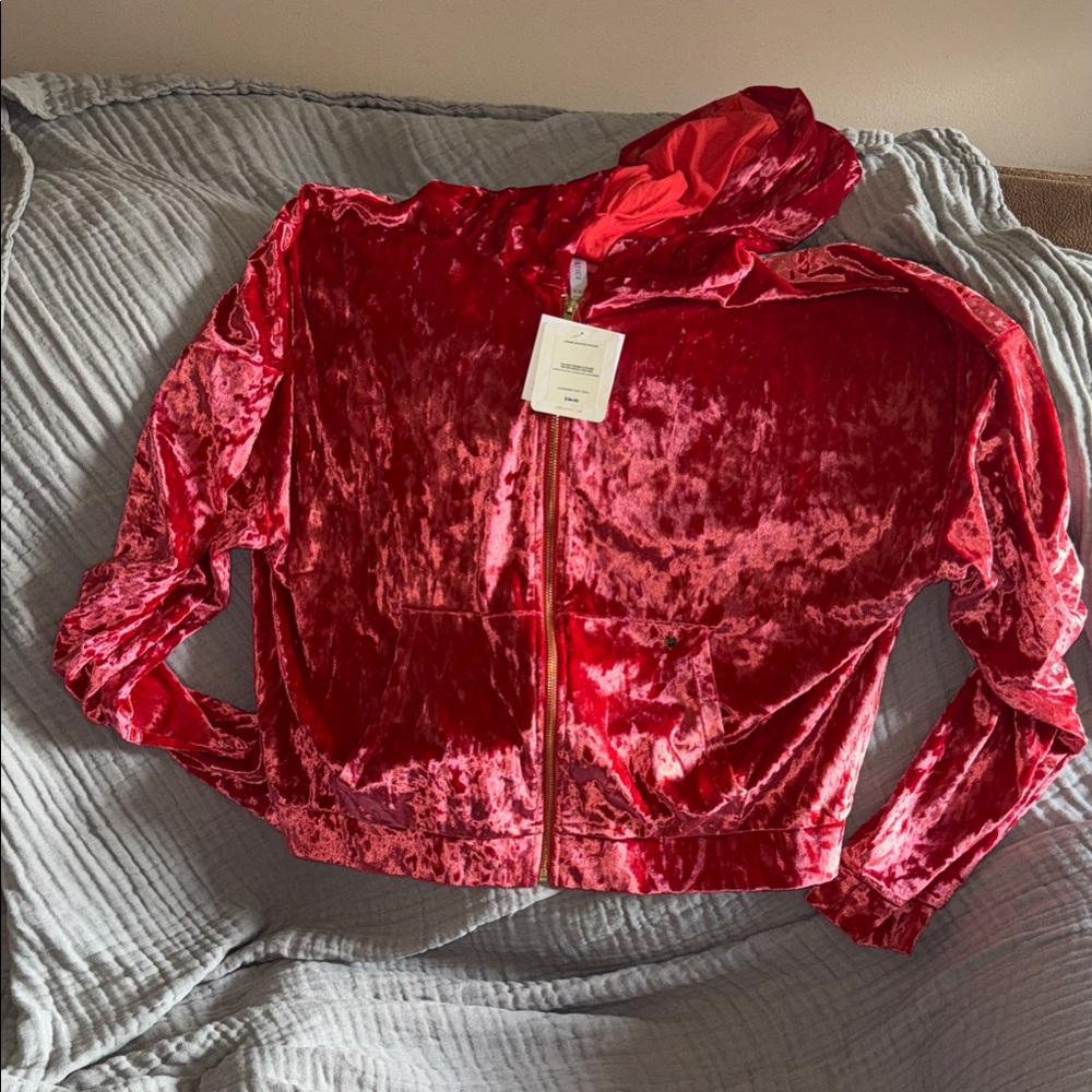 Fabletics Glossy Red Velvet Bomber Jacket